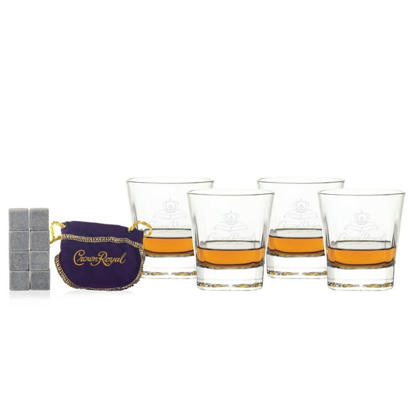 Crown Royal Whisky Stones Set, 8 Chilling Rocks, 4 Glasses With Velvet Bag