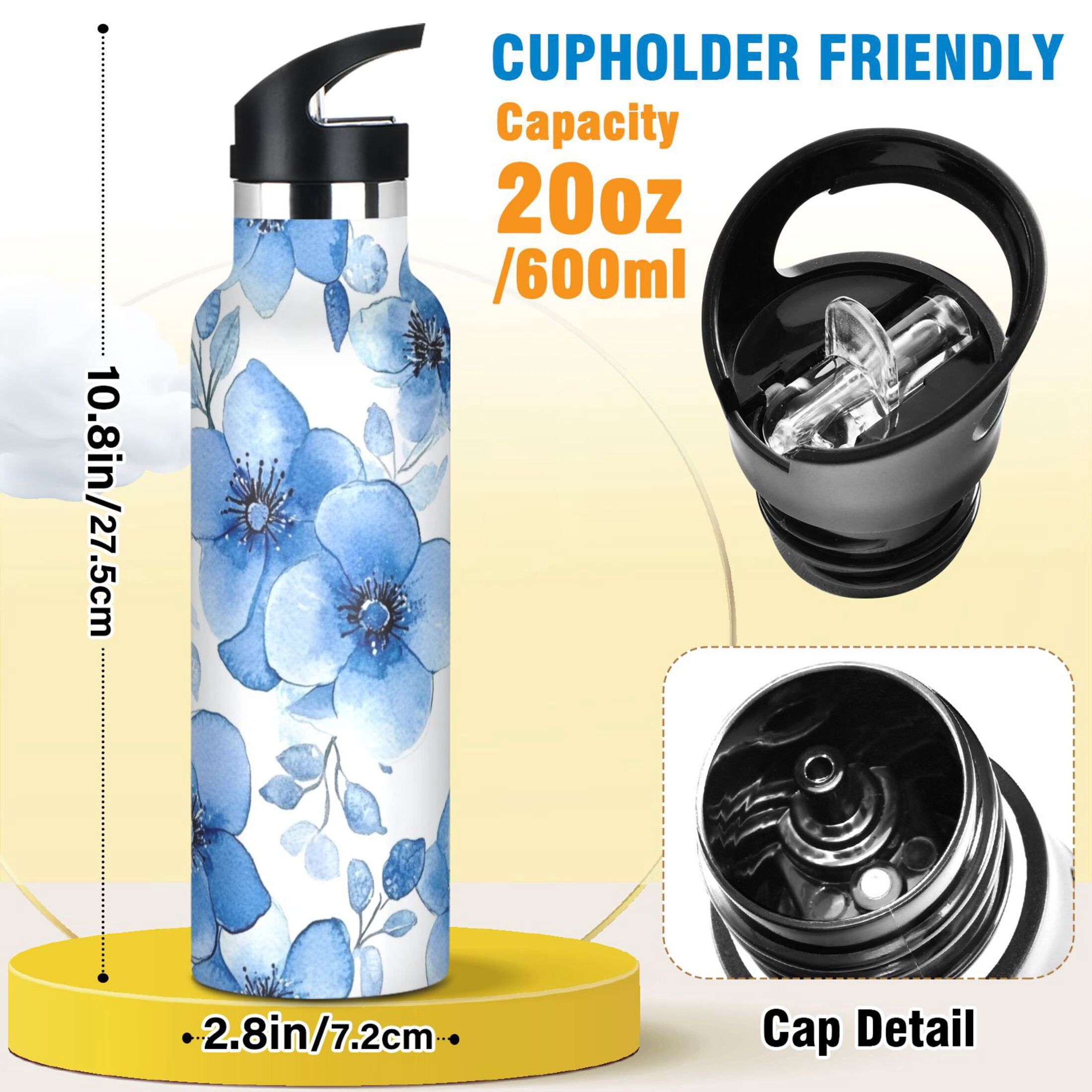 600ML Stainless Steel Insulated Cup Sports Water Bottle Portable Thermos Cup Water Glasses Insulated Tumblers Convenient and Durable Cartoon Blue Flowers