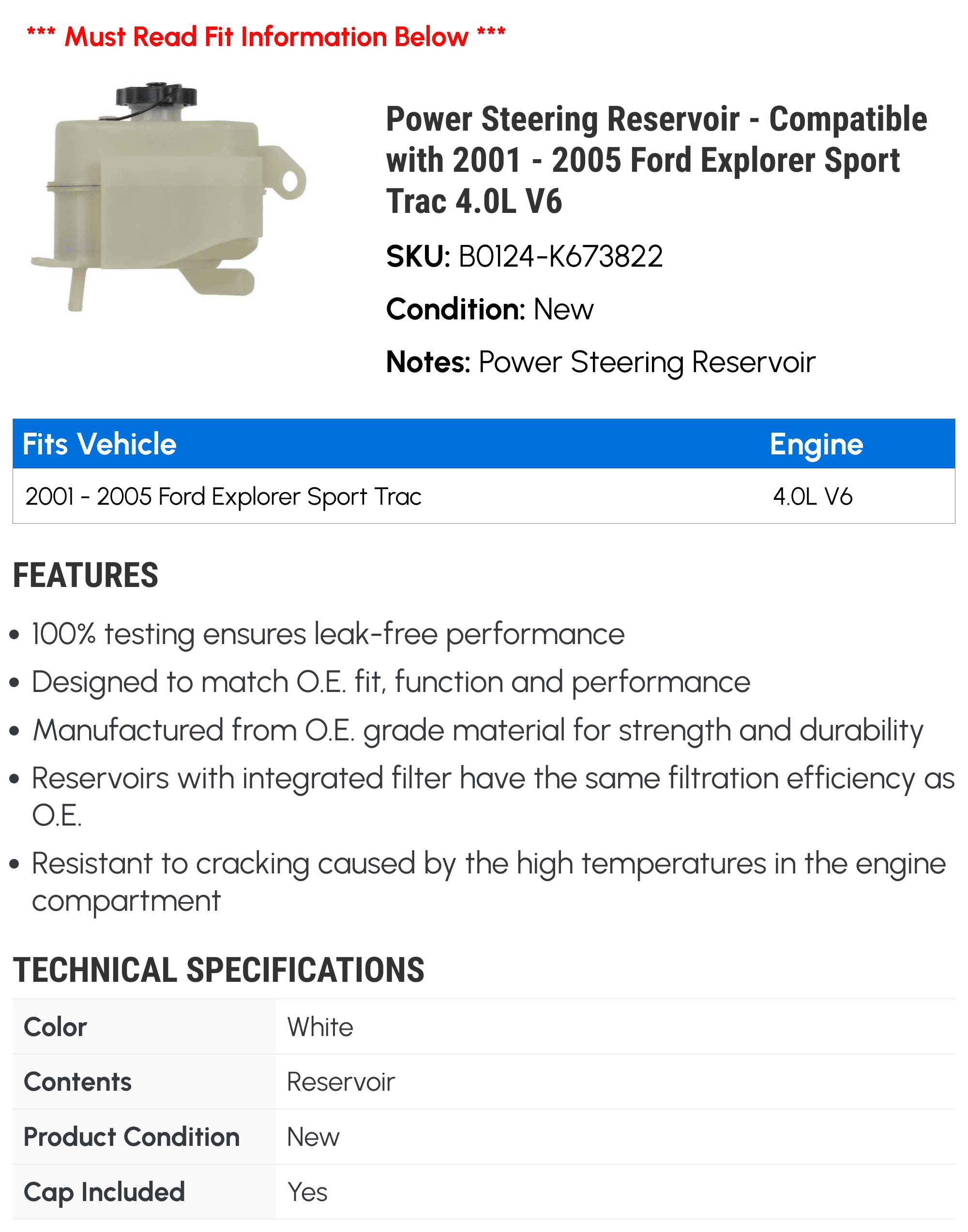 Power Steering Reservoir - Compatible with 2001 - 2005 Ford Explorer Sport Trac 4.0L V6 2002 2003 2004