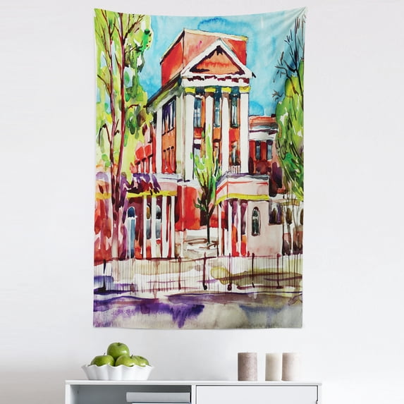 Watercolor Tapestry, Kyiv Buildings Ukraine Pastel Colored Painting Artwork Fine Art, Fabric Wall Hanging Decor for Bedroom Living Room Dorm, 5 Sizes, Scarlet and Multicolor, by Ambesonne