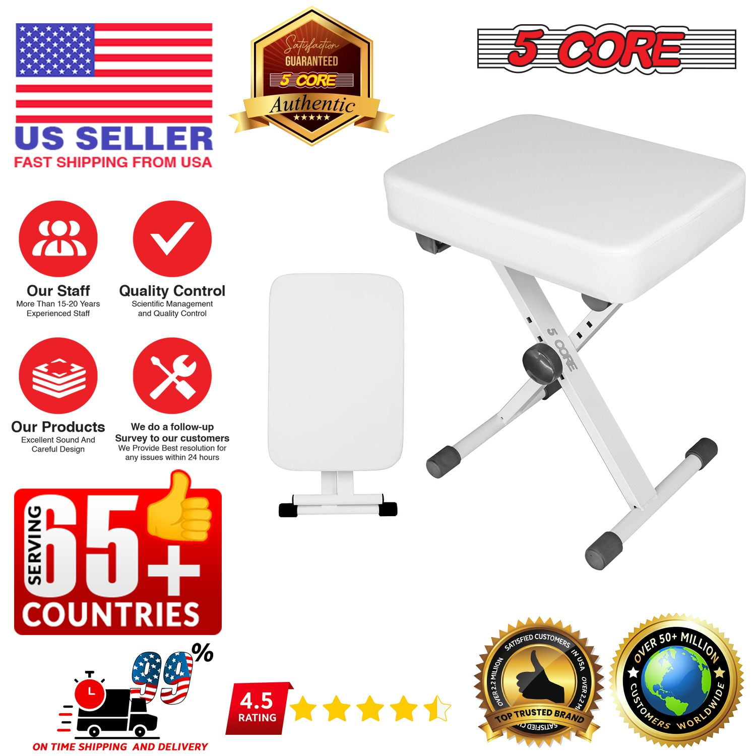 Keyboard Bench 3 Inch Padded Cushioned Piano Stool Height Adjustable Guitar Seat Heavy Duty Folding Portable Musician Chair W Nonslip Rubber Feet White - KBB WH HD