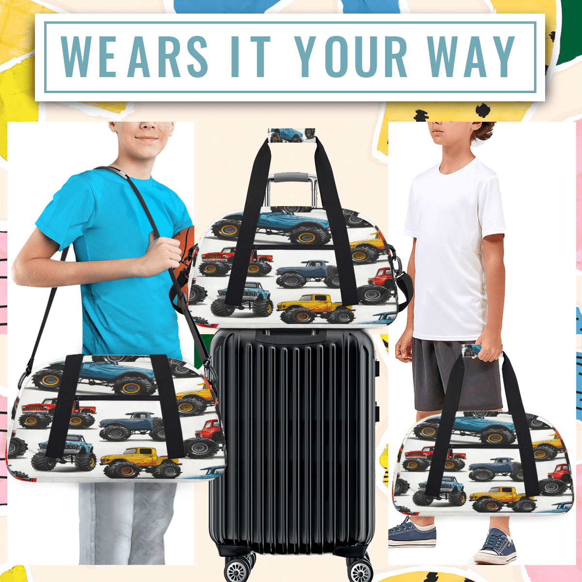 Herdesigns Sports Duffle Bags Travel Duffle Bag Gym Bag Monster Funny Truck Weekender Travel Bag Waterproof Overnight Bag Carry On Travel Tote Bag Dance Bags