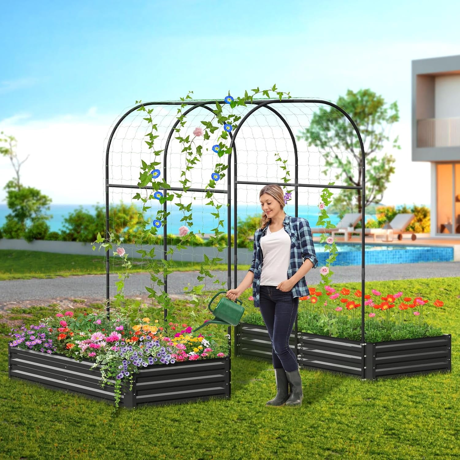 Slsy 3 in 1 Galvanized Raised Garden Bed with 85in Tall Arch Trellis for Climbing Vegetables Flowers Herbs, Metal Raised Garden Bed Kit with Trellis, Plant Ties, Climbing Supporting Netting