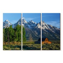 Elephant Stock Grand Teton Mountains Barn Wall Art - Horizontal Multi Panel Canvas - Living Room Wall Decor - Nature Multi Panel - Green And Blue Decor - 65" x 42"