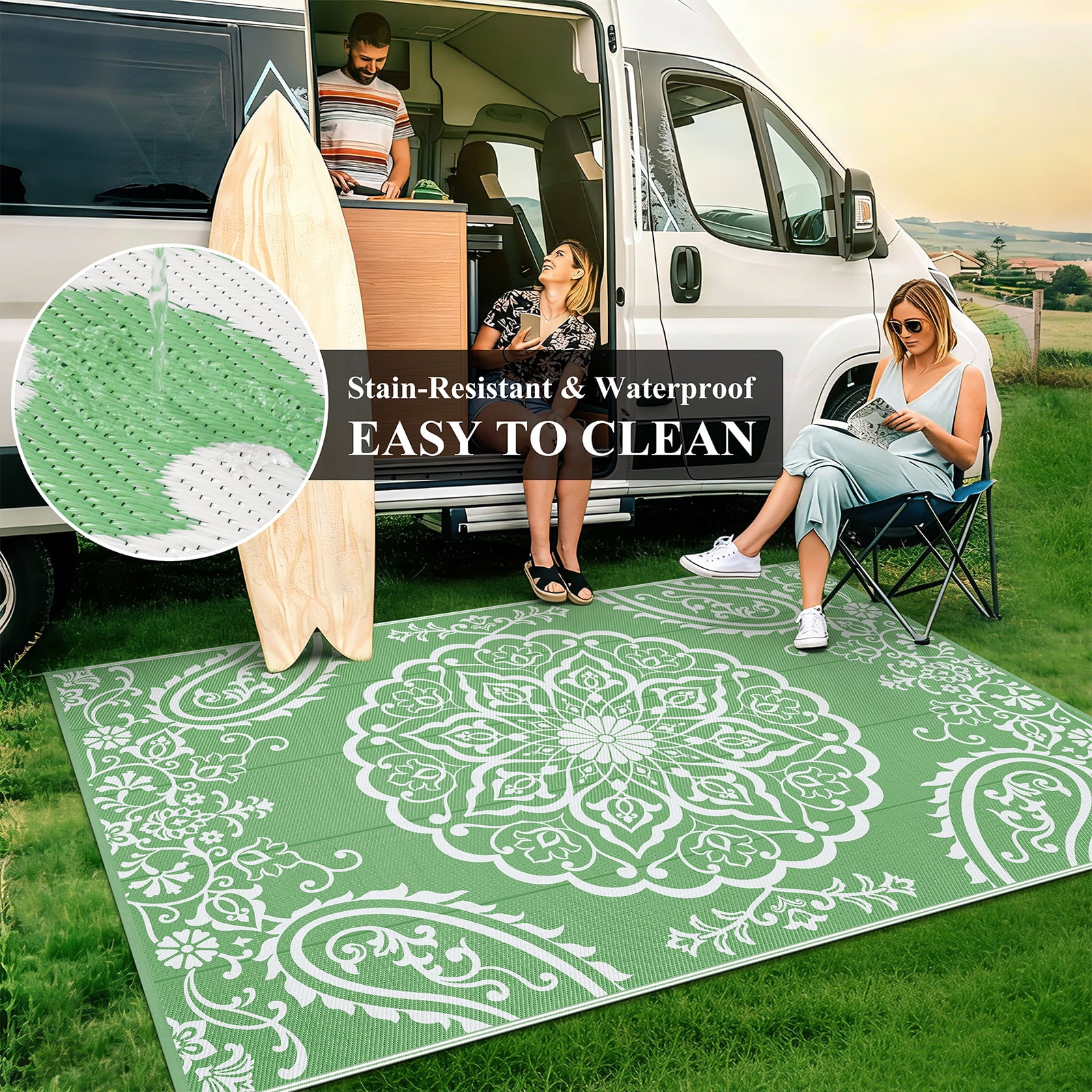 MeyJey 6'x9' Outdoor Rugs for Patio, Patio Rug Waterproof RV Mats, Plastic Straw Camping Area Rug for Indoor Porch Balcony Beach Mat, Green