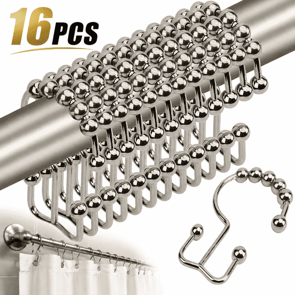 Tattom Shower Curtain Hooks, 16 Pack Double Shower Curtain Rings , Curtain Hooks Rings for Hanging, Rust Proof Shower Curtain Hangers,Stainless Steel Chrome Finish, Silver