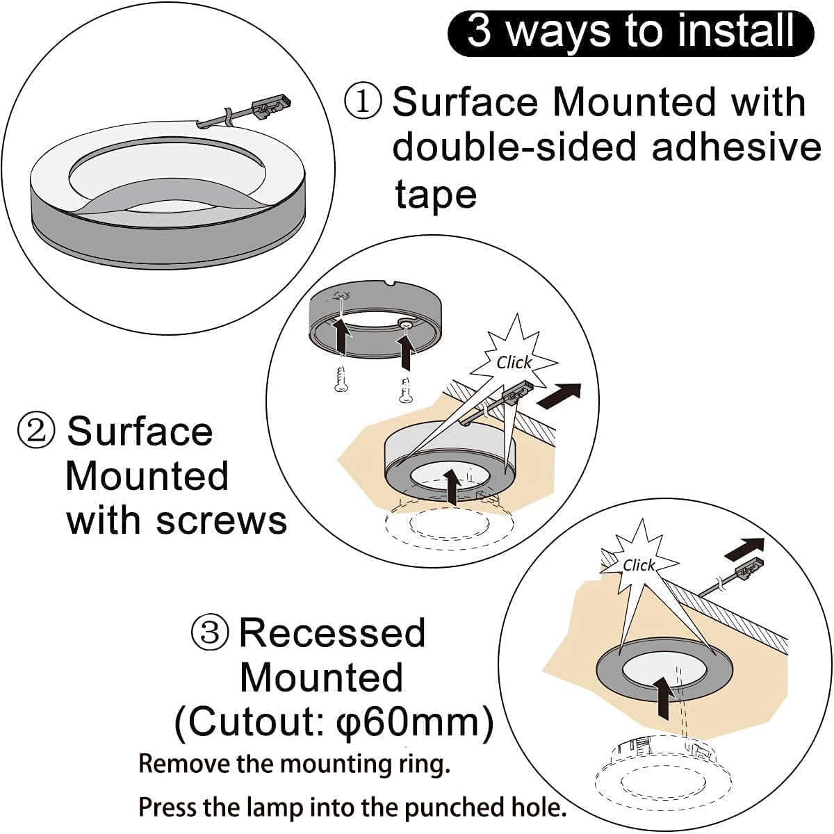 VST Under-Cabinet LED Lights, 2W (12W Total, 60W Equivalent), Wireless Dimmer Switch, Recessed or Surface Mount Puck Light for Kitchen, 4000K, 6 Pack，White