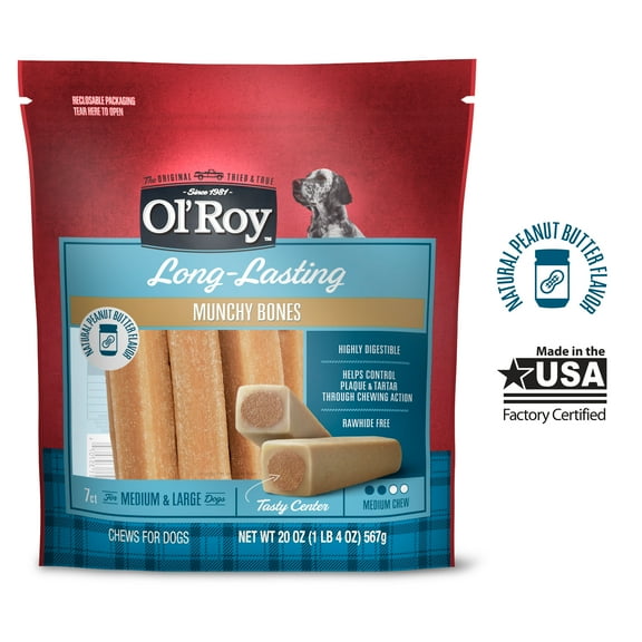 Ol' Roy Munchy Bones, Natural Peanut Butter Flavor Chews for Dogs, 7 count, 20 oz
