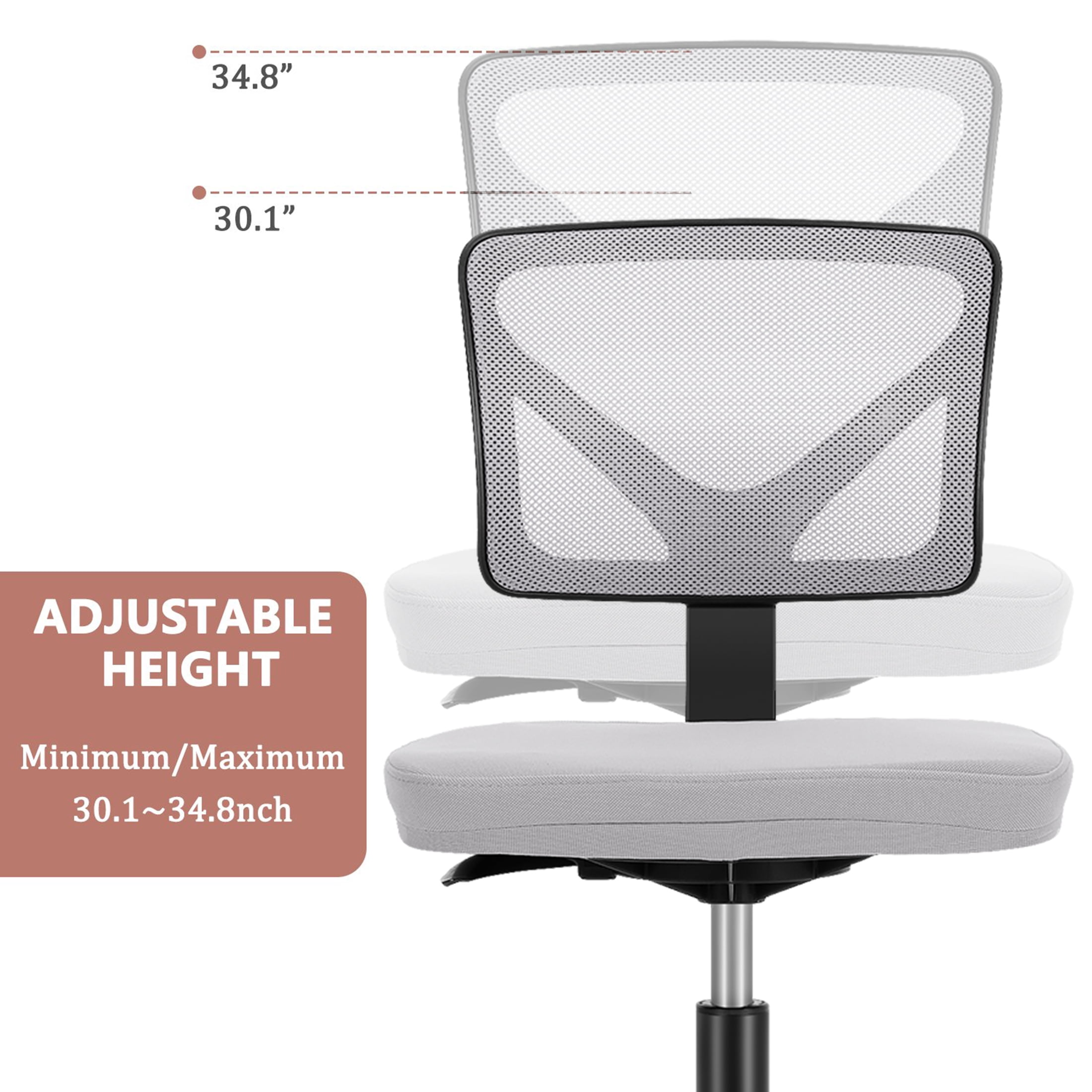 Yoyomax Armless Desk Chair, Ergonomic Low Back Computer Chair, Adjustable Rolling Swivel Task Chair with Plush Padded Seat, Grey