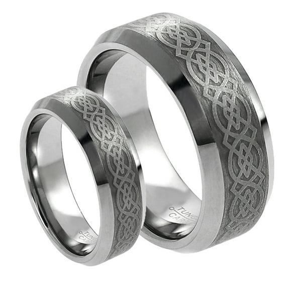 For Him & Her 8MM/6MM Tungsten Carbide Beveled With Celtic Knot Design Wedding Band Ring Set