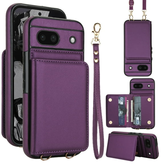 For Google Pixel 8A PU Case for Women Girls, Crossbody Wallet Case with Card Slot Lanyard & Wrist Strap Shockproof Purse Flip Back Kickstand Case For Google Pixel 8A,Deeppurple