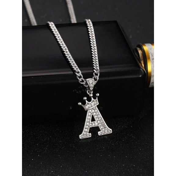 Silver Shiny Letter A Crown Pendant Necklace With Cubic Zirconia, Chain Style For Women
