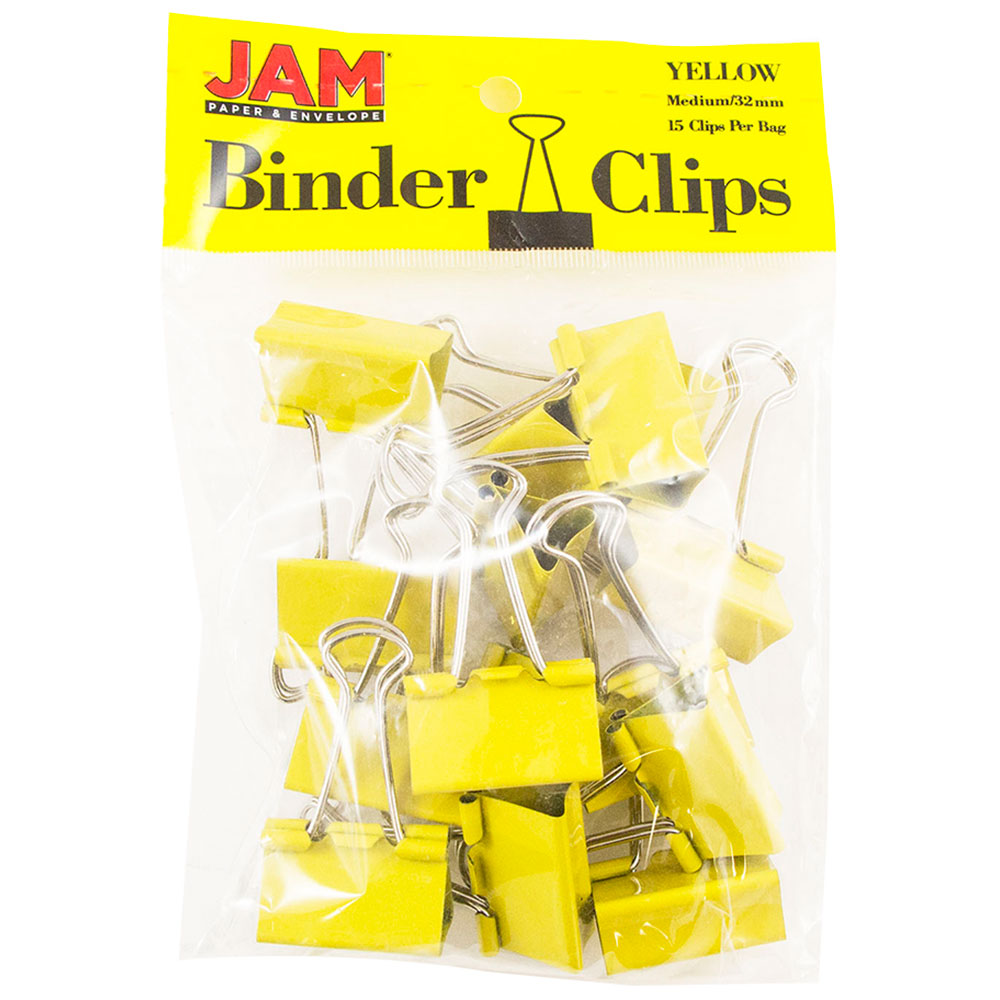 JAM Binder Clips, Yellow Binderclips, 15/Pack, Medium, 32mm