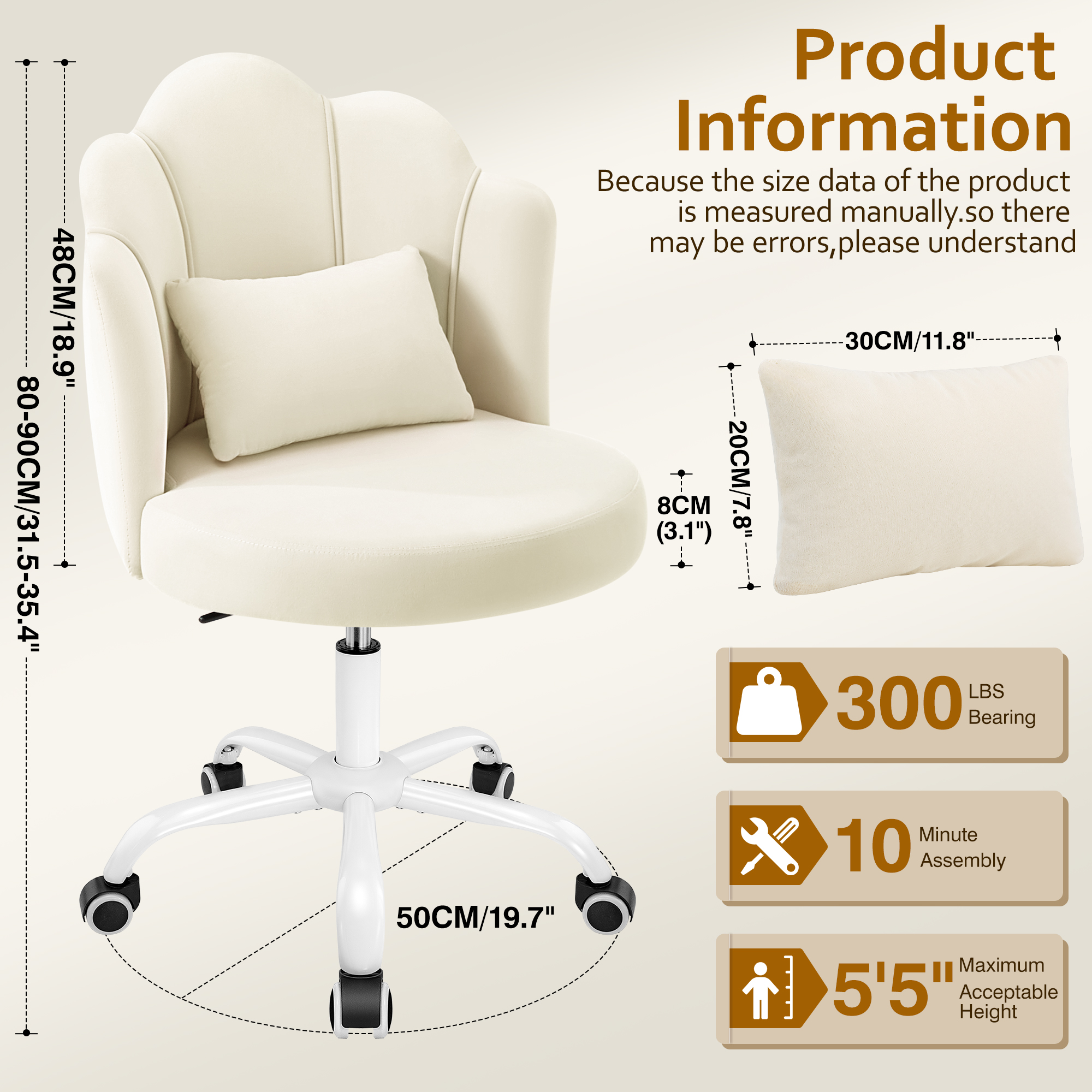 COOLHUT Vanity Chair, Velvet Petal Vanity Makeup Chair with Lumber Support, Home Office Desk Chair with Wheels, Height Adjustable Computer Work Chair for Bedroom, Living Room, Beige