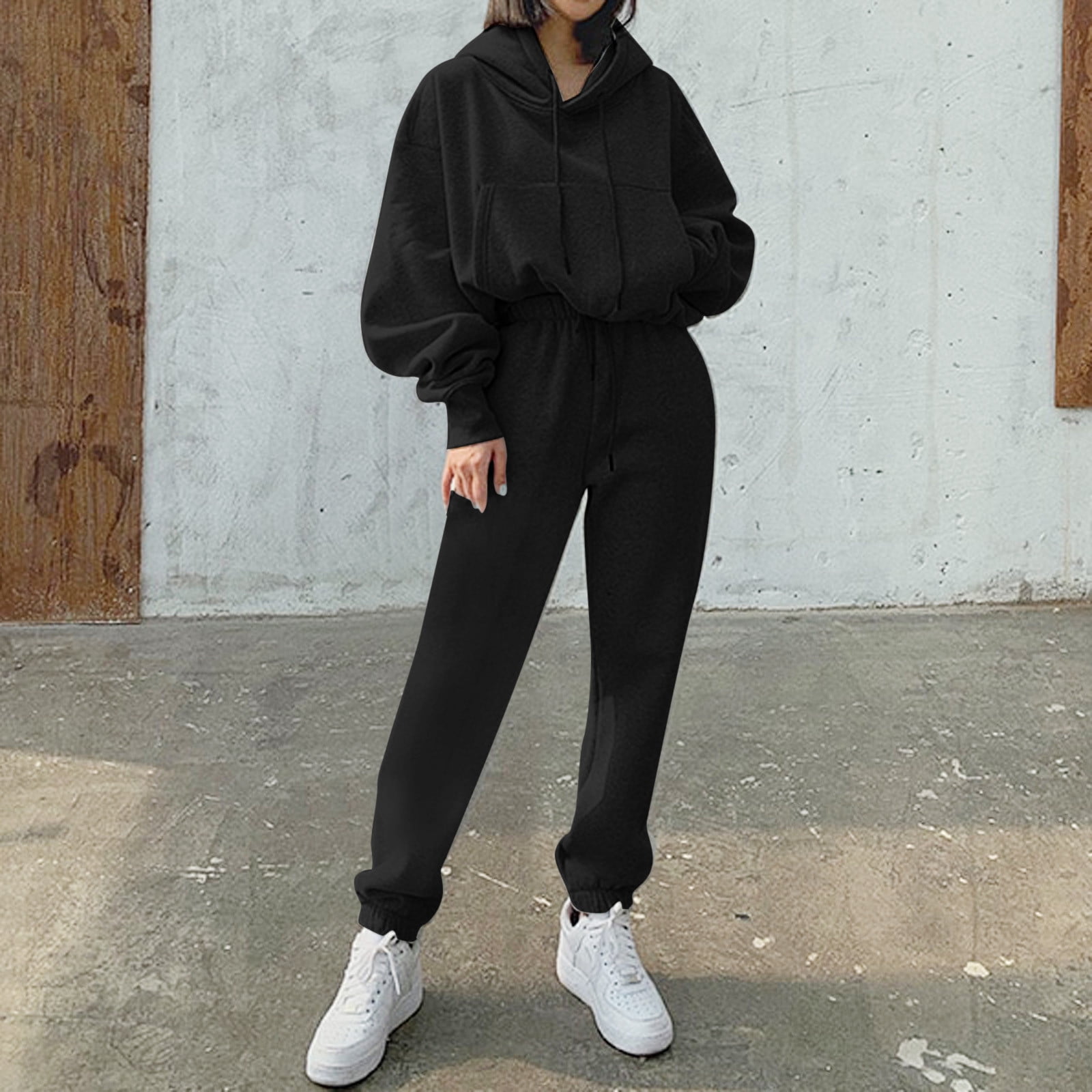 Pgeraug Pants for Women Hoodies Suit Winter Solid Tracksuit Set Sports  Sweatshirts Pullover Home Sweatpants Outfits Jumpsuits for Women Black L 