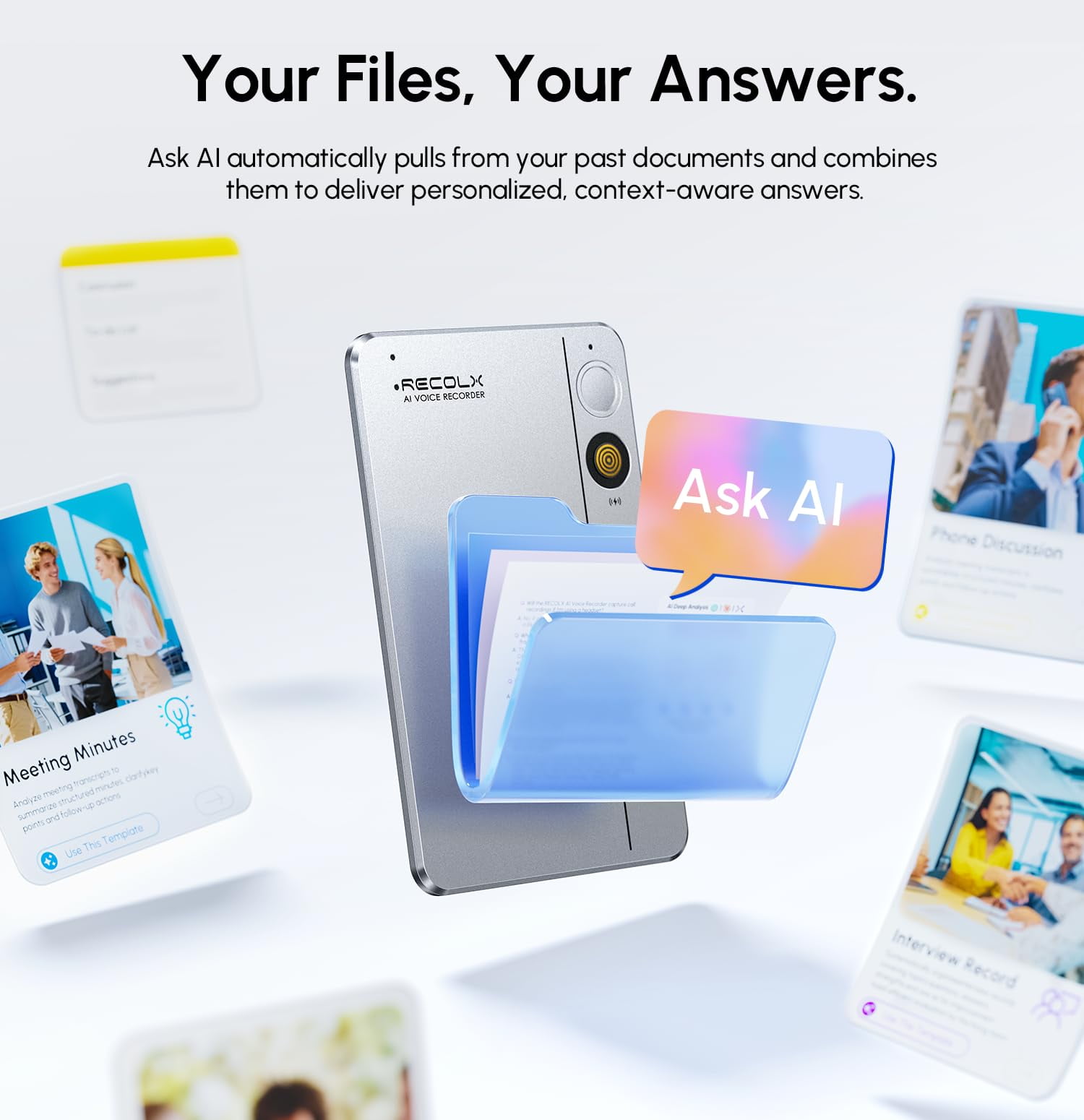 AI Voice Recorder & Transcriber with GPT-5 Analysis – 30-Hour Recording, 112-Language Speech-to-Text & Auto Summary for Meetings, Lectures & Interviews,Grey