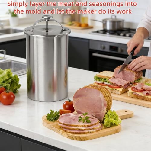 2026 Upgrade Stainless Steel Deli Meat Press with Thermometer, Spring Mechanism & Handle, Meat Press Mold for Deli Meats Homemade Ham Maker Lunch Meats Presss