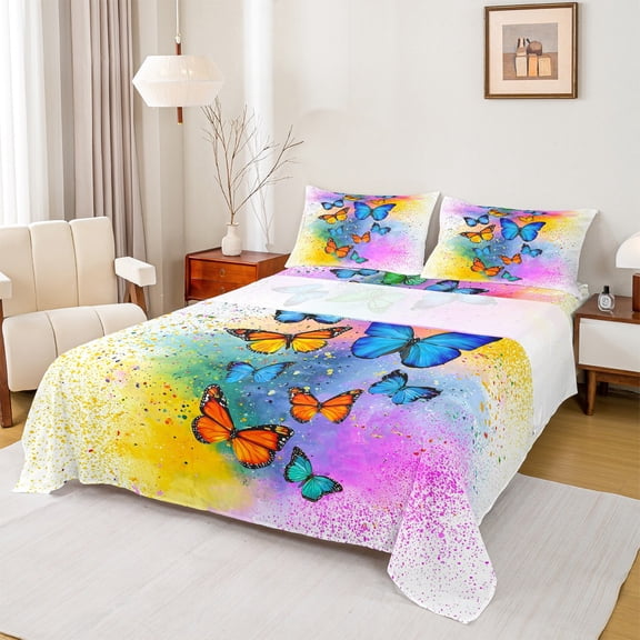 jejeloiu Colorful Butterflies Twin Sheet Sets,Wild Flying Animal Twin Fitted Sheet,Watercolor Splashing Ink Flat Sheet For Girls Kids,Super Cozy Room Decor,3 Pieces