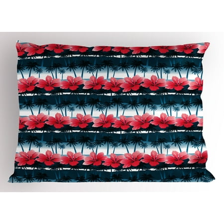 Blush Pillow Shams Navy and Blush Pillow Sham Tropical Hibiscus Flowers with Palm Tree Silhouettes Pattern, Decorative Standard Queen Size Printed Pillowcase, 30 X 20 Inches, Dark Coral Dark Blue White, by Ambesonne ()