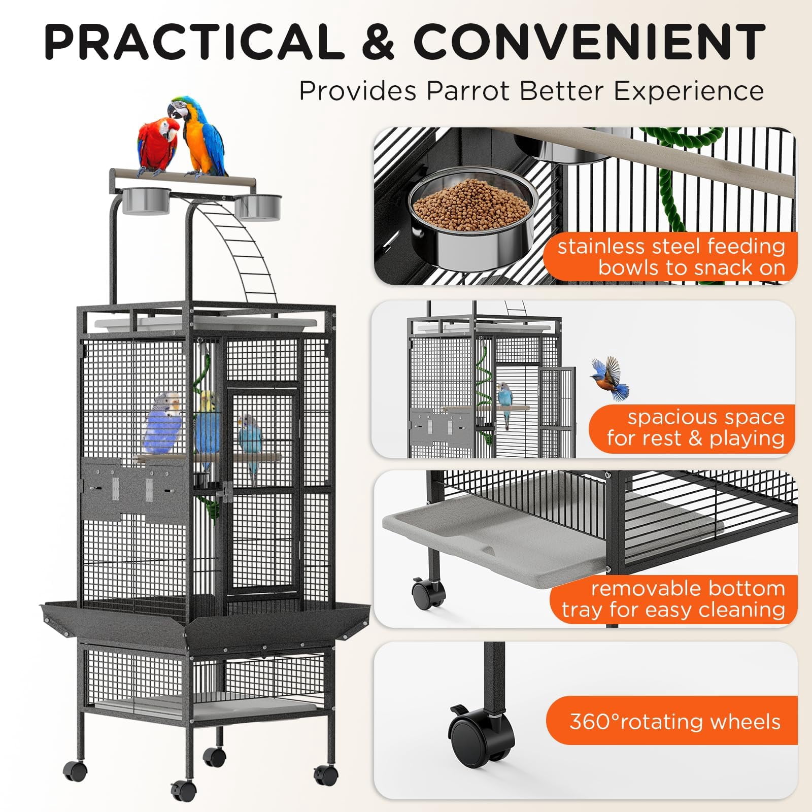 Large 60" Wrought Iron Bird Flight Cage with Rolling Stand & Play Top – Heavy Duty Parrot Cage with 4 Stainless Steel Bowls for African Grey, Cockatiel, Conure, Parakeet, Black