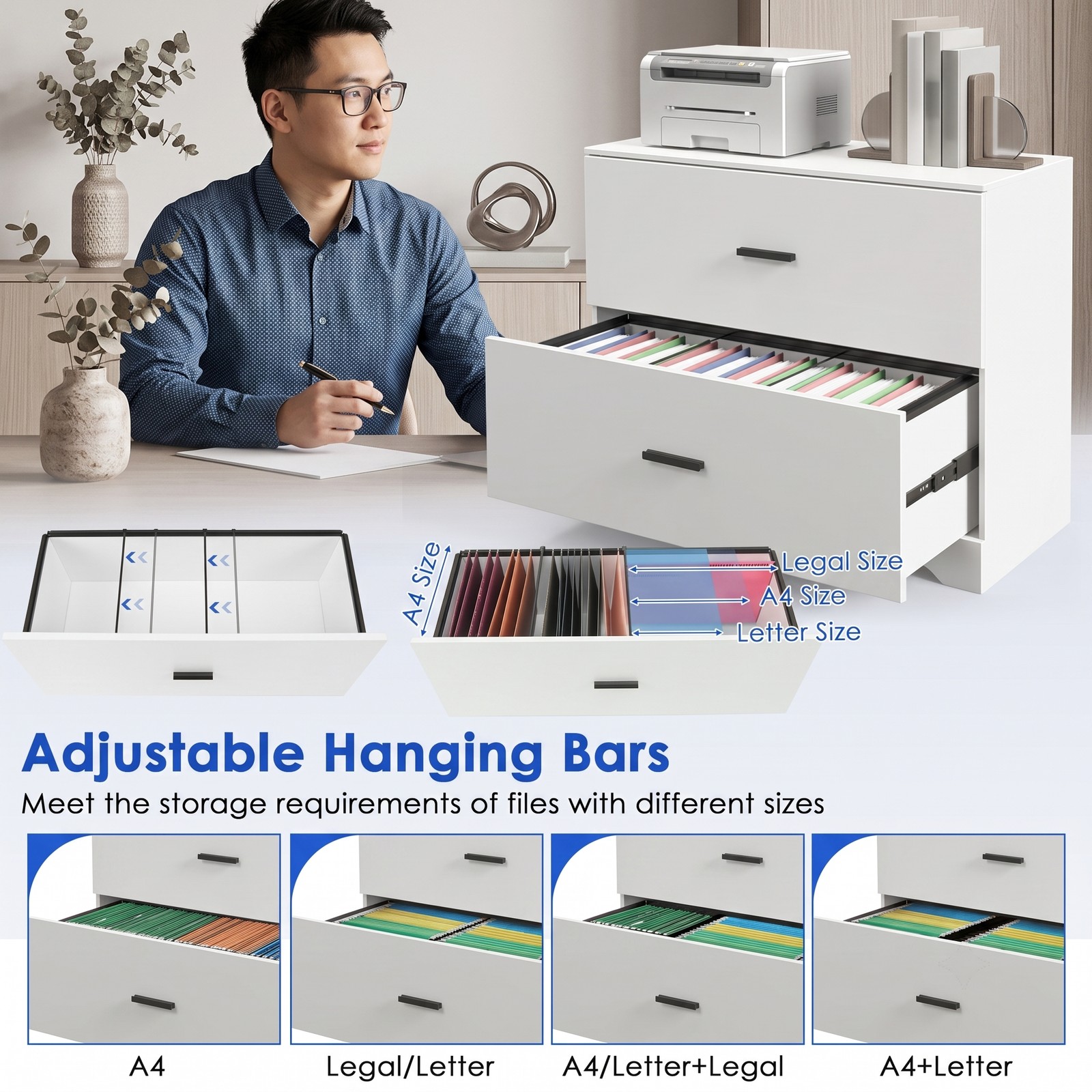 Furnibear 2-Drawer Lateral File Cabinet with Adjustable Bars, Wood Filing Storage Cabinet for Letter Legal A4 Documents, Anti-Tilt Home Office Printer Stand, White
