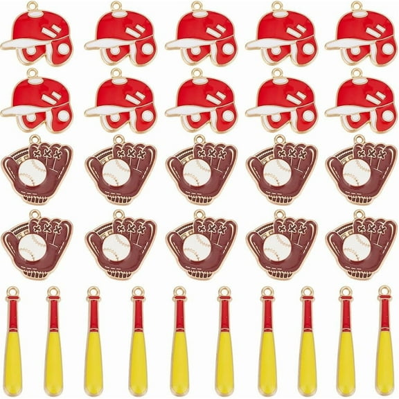 1 Box 30Pcs Baseball Charms Sports Charm Game Yellow and Red Alloy Enamel Bat Hats Gloves Hanging Balls Charm for Jewelry Making Charms DIY Keychain Bracelet Earrings Necklace Bag Crafting