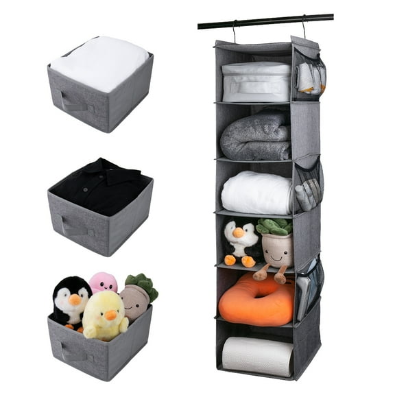 Keylever 6-Shelf Hanging Closet Organizer and Storage, Hanging Shelves with 3 Removable Drawers for Dorm Room, Wardrobe, Gray