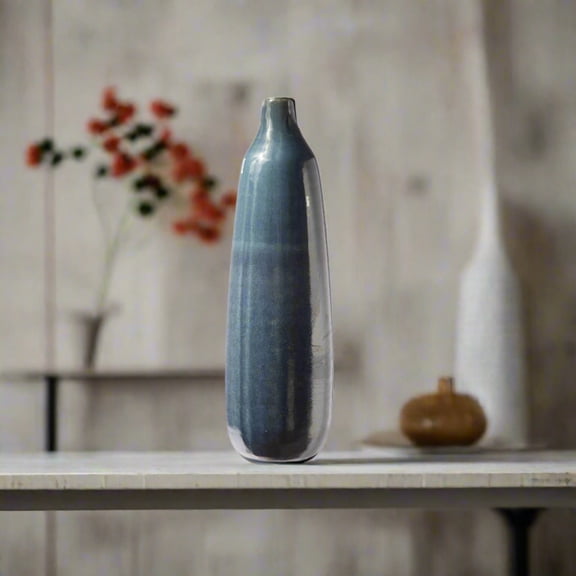 Urban Trends Collection Ceramic Round Bottle Vase with Blue Gloss Top, Short Neck an