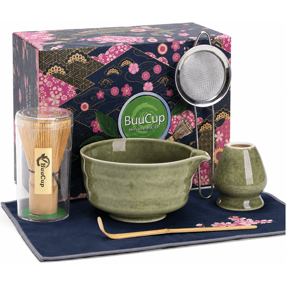 Matcha Set, Matcha Bowl with Spout, Matcha Whisk and Holder, Bamboo matcha Scoop and Stainless Sifter - 5 Pcs Jade Green Matcha Set Kit for Matcha Lover