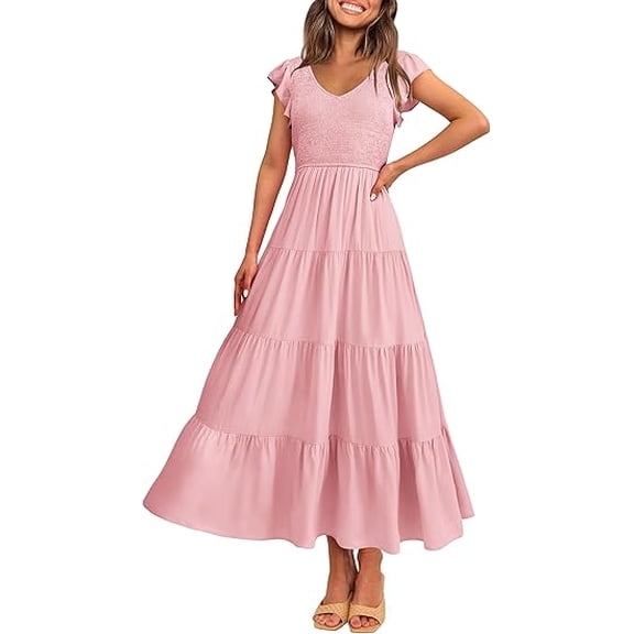 PRETTYGARDEN Women's Summer Flowy Maxi Dress Casual Cap Sleeve V Neck Smocked Beach Sundress