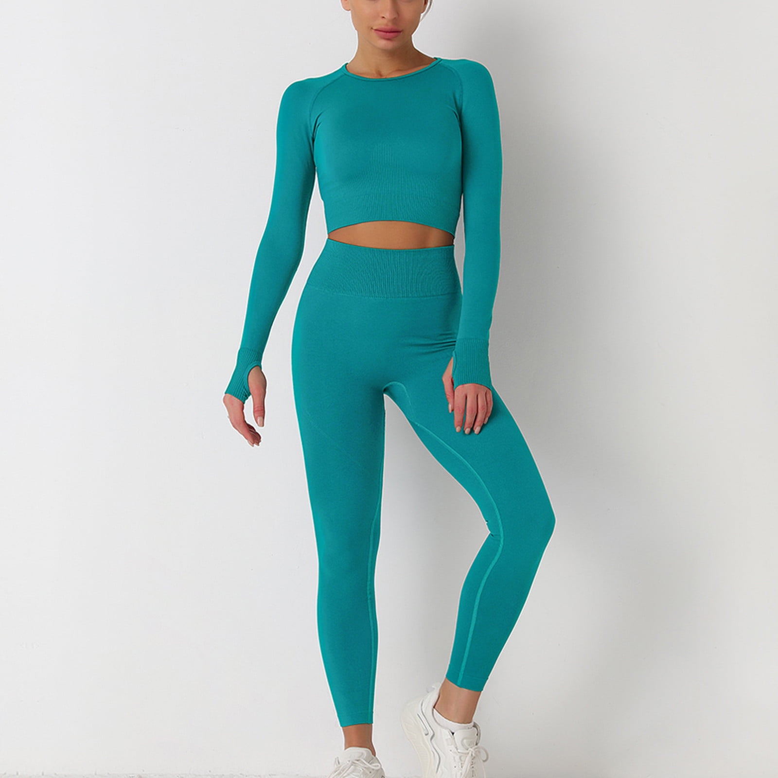 Light blue seamless set of thick leggings and long sleeve top - Peach Pump