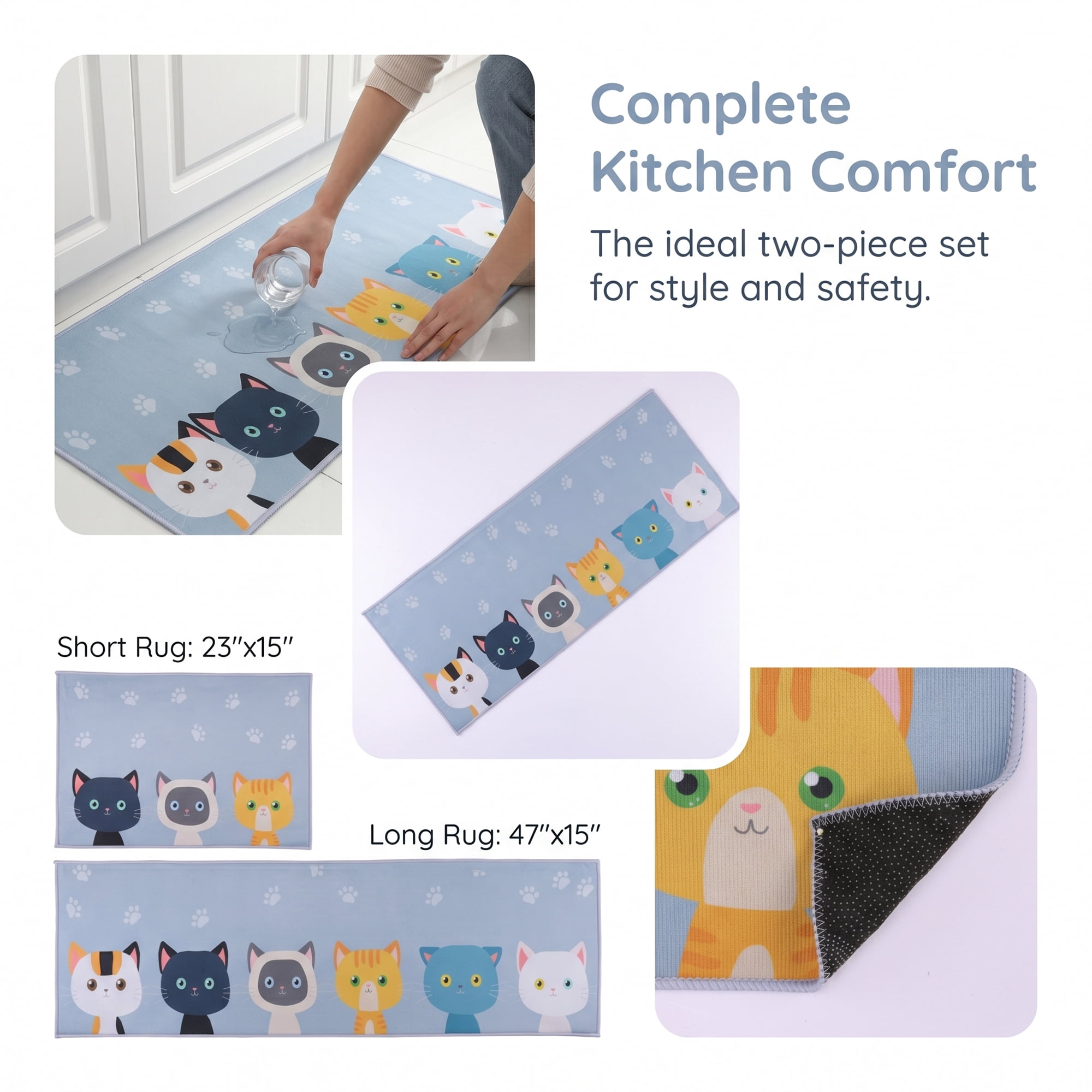 Unique Bargains Non Slip Cat Floral Printed Kitchen Rugs and Mats Blue 31"x20"+47"x20"