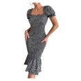 thumbnail image 1 of Vestido PRETTYGARDEN Floral Ajustado Midi con Mangas Abullonadas Negro Talla L, 1 of 5