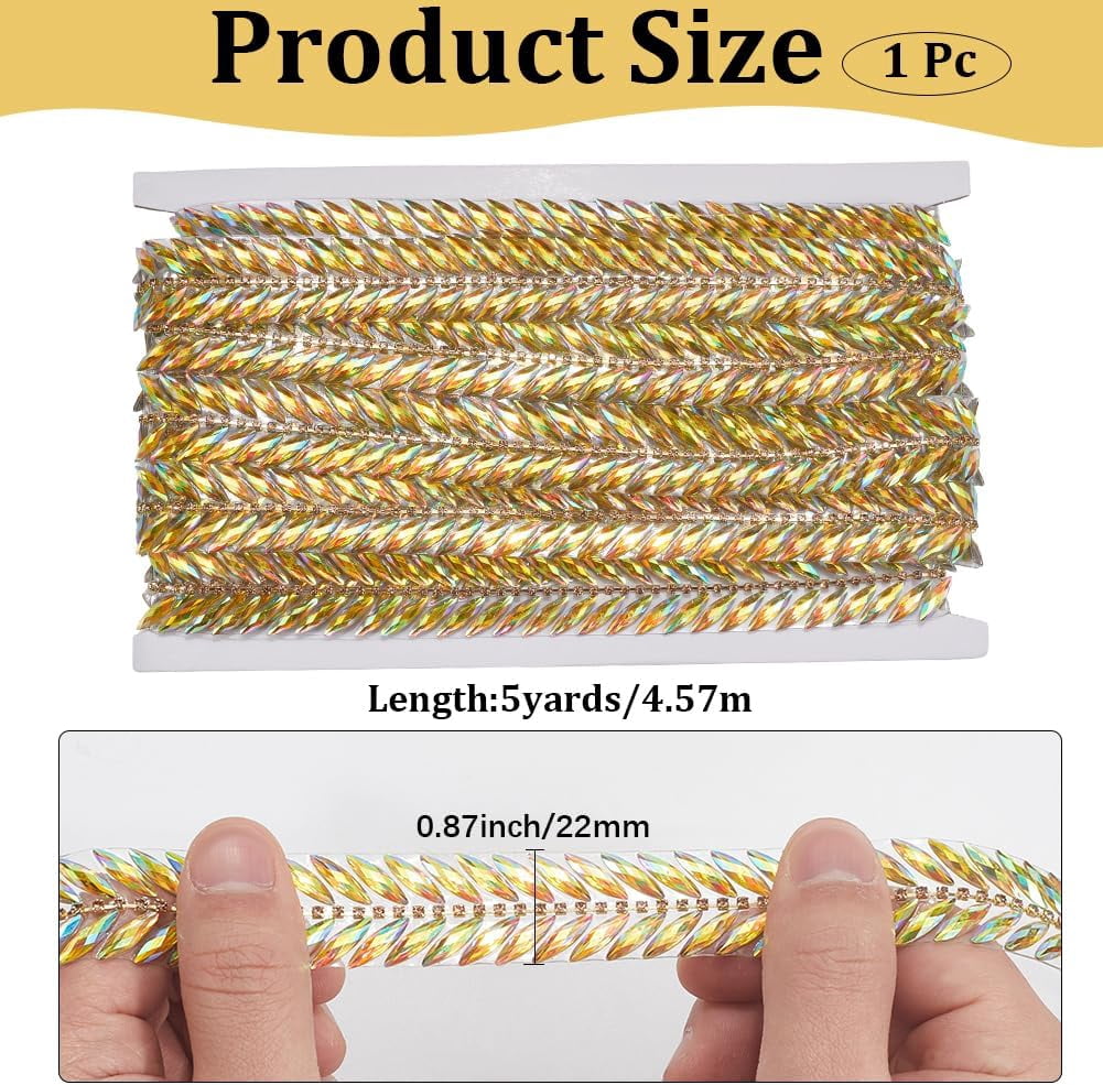 5 Yards Gold Rhinestone Hot Melt Adhesive Trim Bling Chain Strips Roll Sparkle Diamond Applique Ribbon Stickers Tape for Sewing Making Jewelry Wedding Dresses Party Decor DIY Crafts Gold