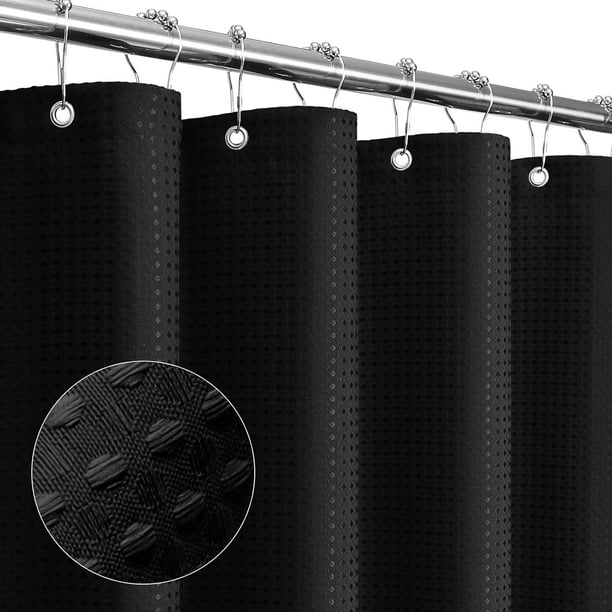 Cortina de ducha negra con textura de gofre para baño, tela suave y lujosa, repelente al agua, lavable a máquina, 180 x 180 cm, color negro.