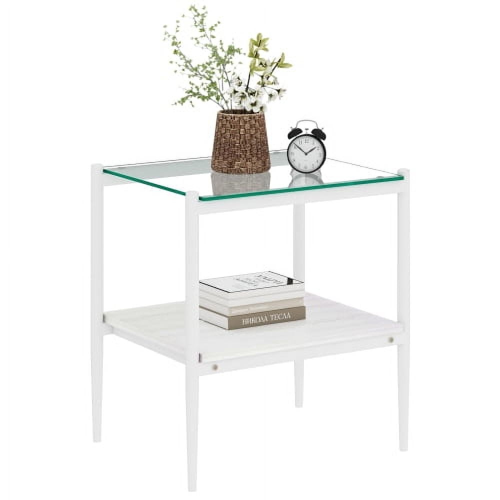 MOONMISS 2 Pack Rectangle End Table, Tempered Glass Top Side Table with MDF Frame, Modern Transparent Glass Accent Table for Living Room, Bedroom, Home Decor, White