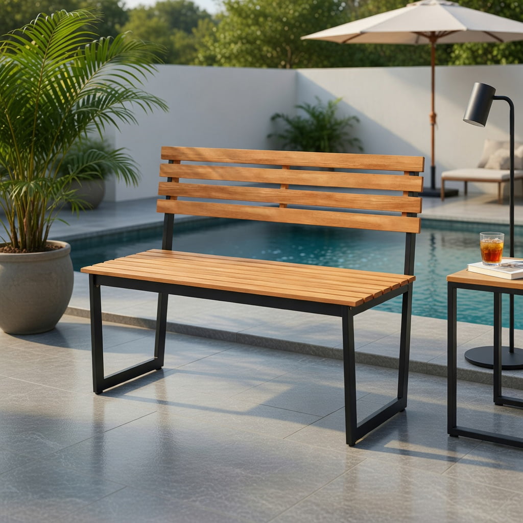 Hommoo Acacia Wood Outdoor Patio Loveseat Bench with Backrest & Heavy-Duty Steel Frame, Dual-Tone, 43" Wide, Black
