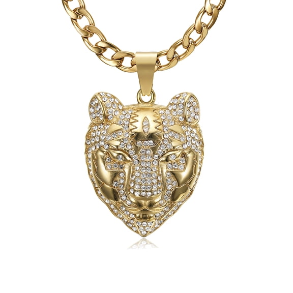 18K Gold Plated Roaring Tiger Head Pendant Punk Rock Stainless Steel Necklace, 24 Inch 7mm Chain for Men Hip Hop Animal Jewelry