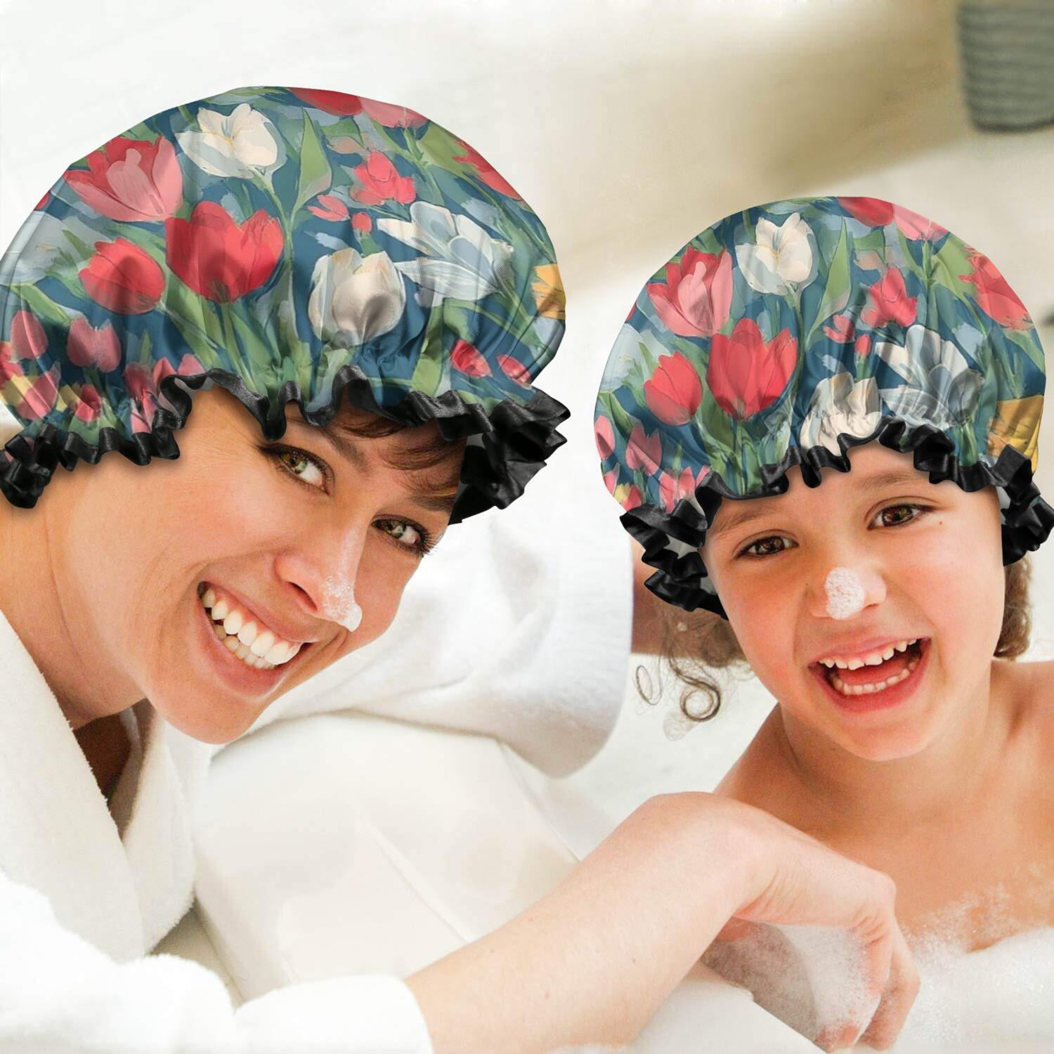 Shower Caps,Pioneer Flower Floral Print Pattern Waterproof Shower Cap for Women 4 Pieces,Double Reusable Hair Cover for Shower PEVA Elastic Stretch Hem