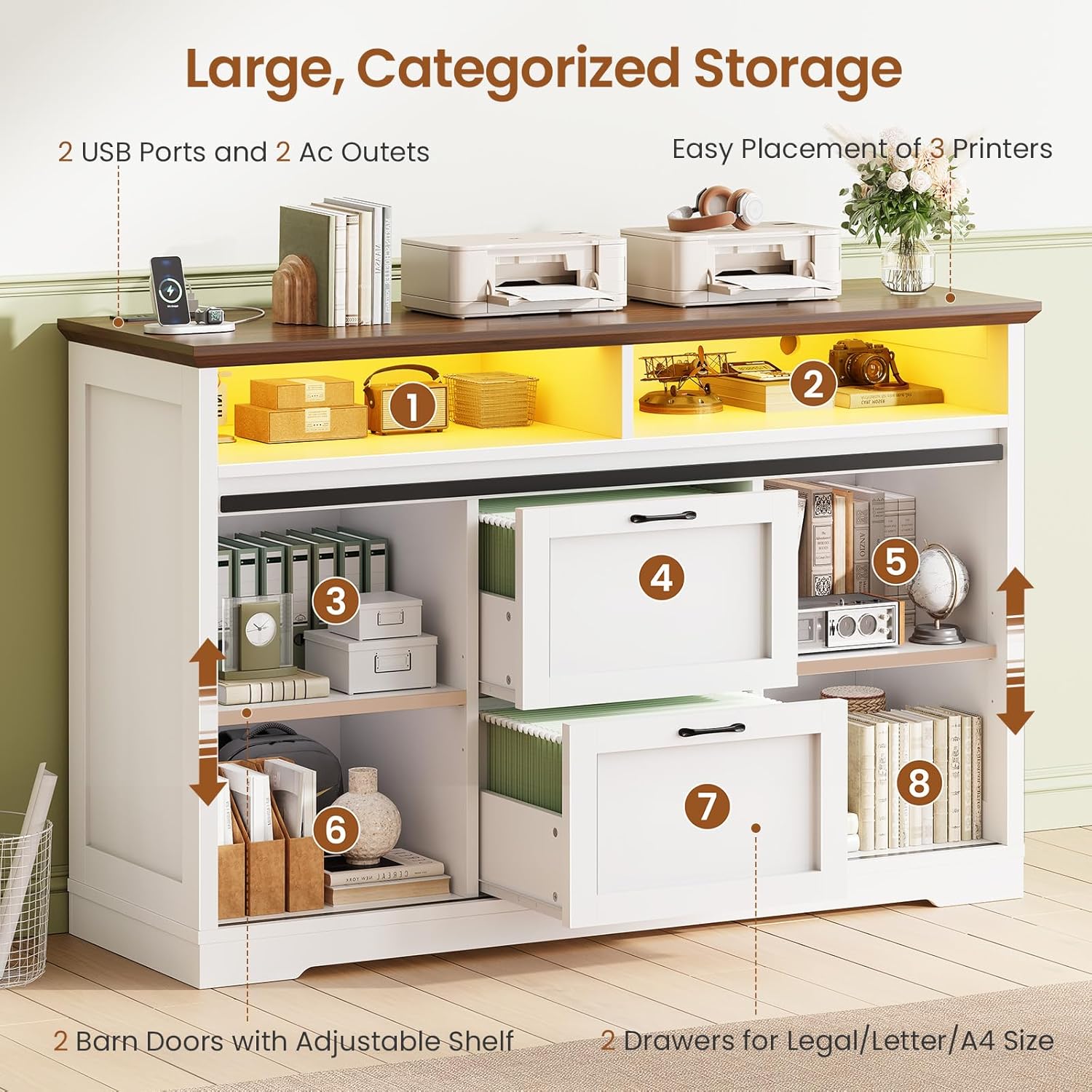 Farmhouse File Cabinet with 2 Drawers, 47" Horizontal filing cabinet with LED Lights & Power Outlets for Office, Filing Cabinet with 2 Sliding Barn Doors, Large Storgae Cabinet for Home, White