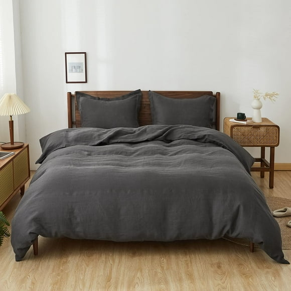Simple&Opulence 100% Linen Duvet Cover Set with Washed-French Flax-3 Pieces Solid Color Basic Style Bedding Set-Breathable Soft Comforter Cover with 2 Pillowshams(King,Dark Grey)
