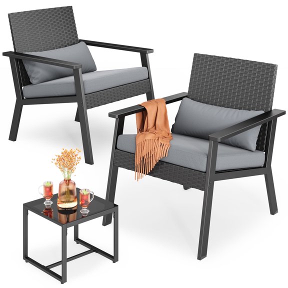 Noelse 3 Piece Patio Furniture Set, Wicker Patio Chairs with Glass Table, Outdoor Furniture Set for Balcony, Porch, Garden, Gray
