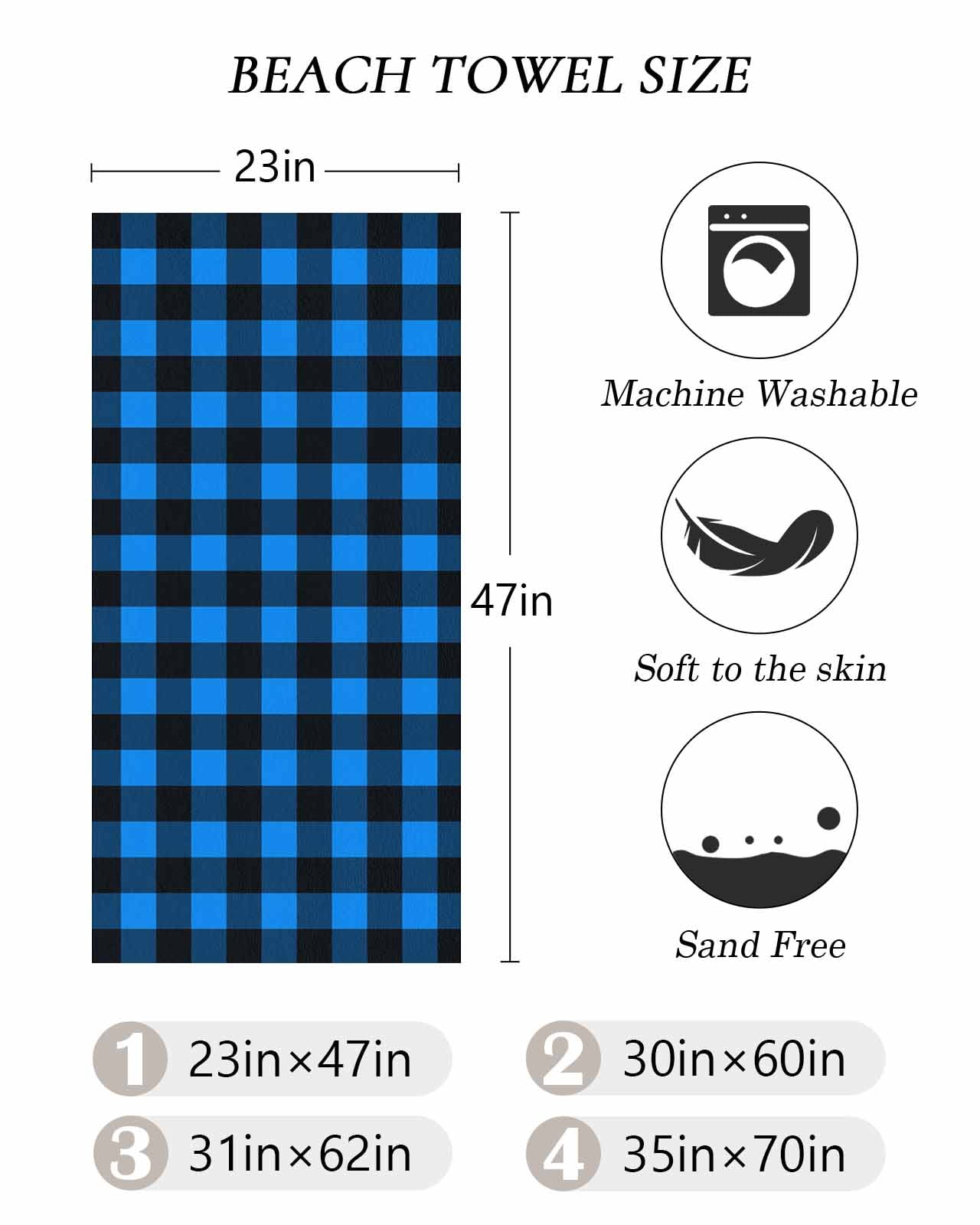 Black Blue Plaid Beach Towels Oversized Super Absorbent, Country Buffalo Checked Gingham Lightweight Bath Towel Quick Dry Sets For Bathroom/Pool/Rv Camping/Beach Play/Gym Room/Picnic 31"x62"