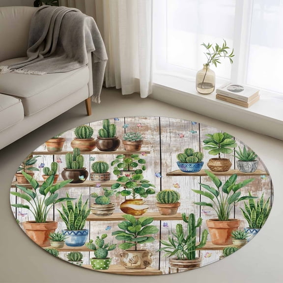 Round Area Rugs Collection 3 Ft, Green Cactus Non-Slip Residential Carpet, Summer Watercolor Botanical Wooden Grain Indoor Crawling Mats Doormat Runner Rugs Play Mat forBedroom