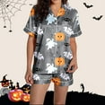thumbnail image 4 of Xmyrz Womens Pajama Sets 2Pc Short Sleeve Shorts Set Casual Halloween Pumpkin Button Up Ghost Print Silk Satin Sleepwear Pj Clothes Sets, 4 of 7