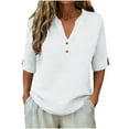 thumbnail image 5 of Cotton Linen Tops for Women 3/4 Sleeve V Neck T-Shirt with Buttons Solid Color Loose Fit Casual Summer Tees (M, White), 5 of 8