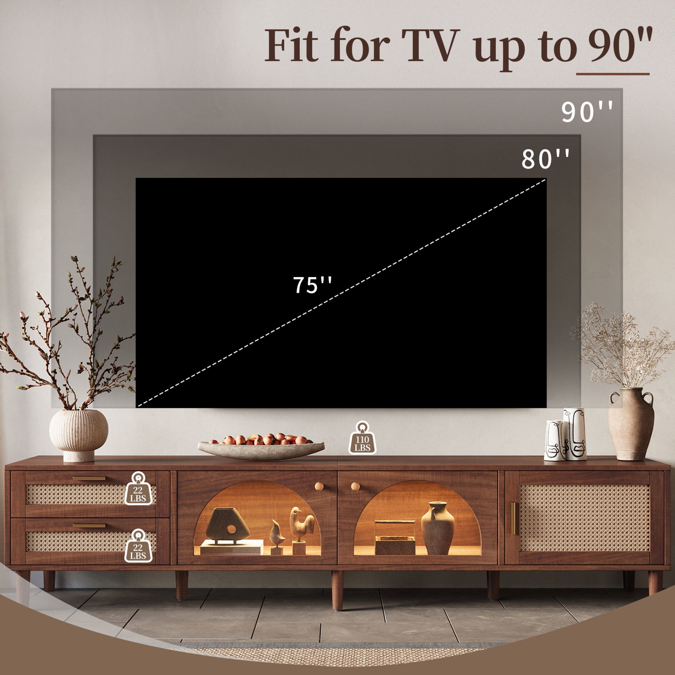 Noble House Modern TV Stand for TVs up to 90" with LED Lights, Glass Door Storage and Drawers, Dark Brown