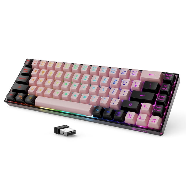 Teclado inalámbrico para juegos GEODMAER 65% retroiluminado por LED rosa-negro