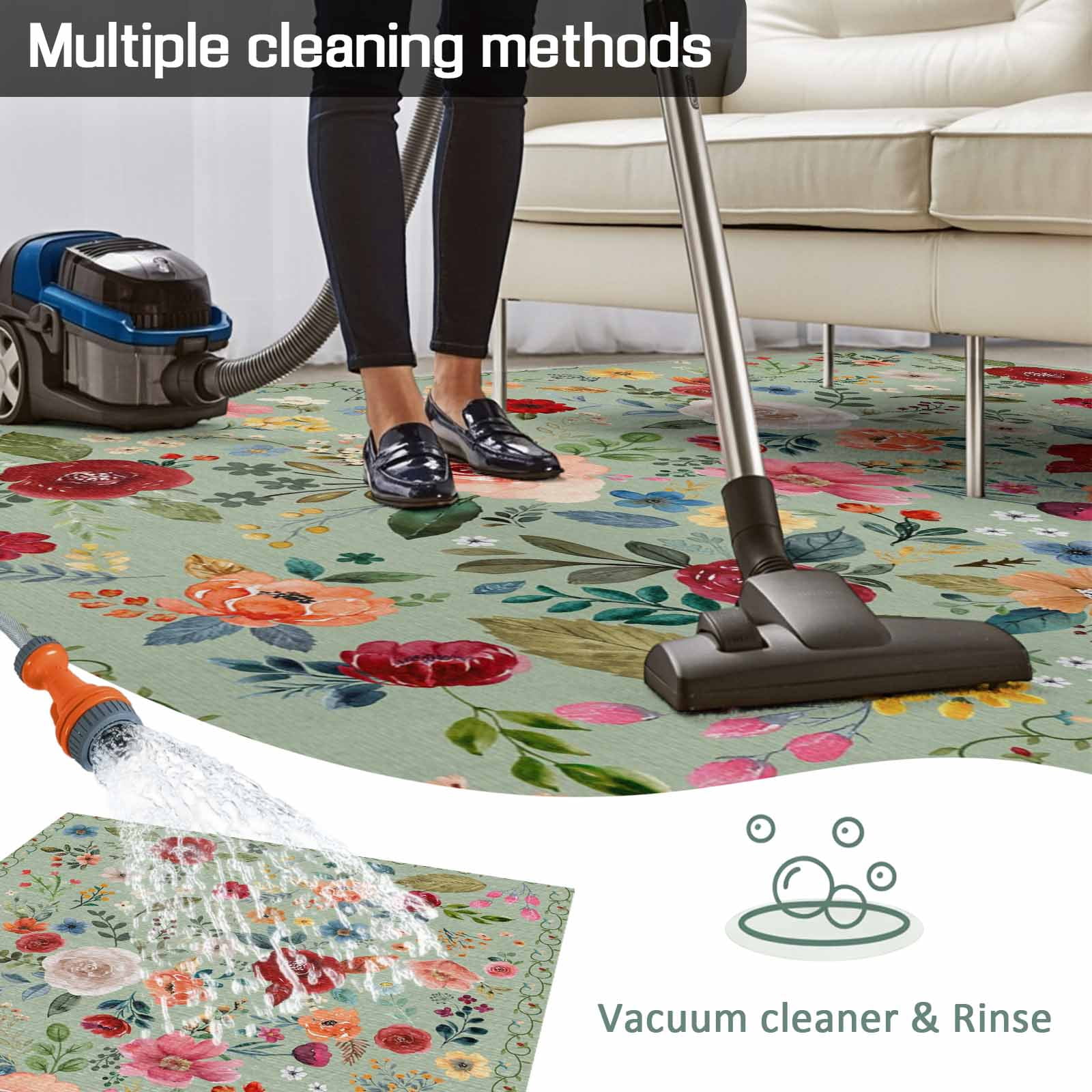 Sage Green Floral Outdoor Rug for Patio/Deck/Porch, Non-Slip Large Area Rug 3 x 5 Ft, Spring Flowers Leaves Farmhouse Indoor Outdoor Rugs Washable Area Rugs, Reversible Camping Rug Carpet Runner