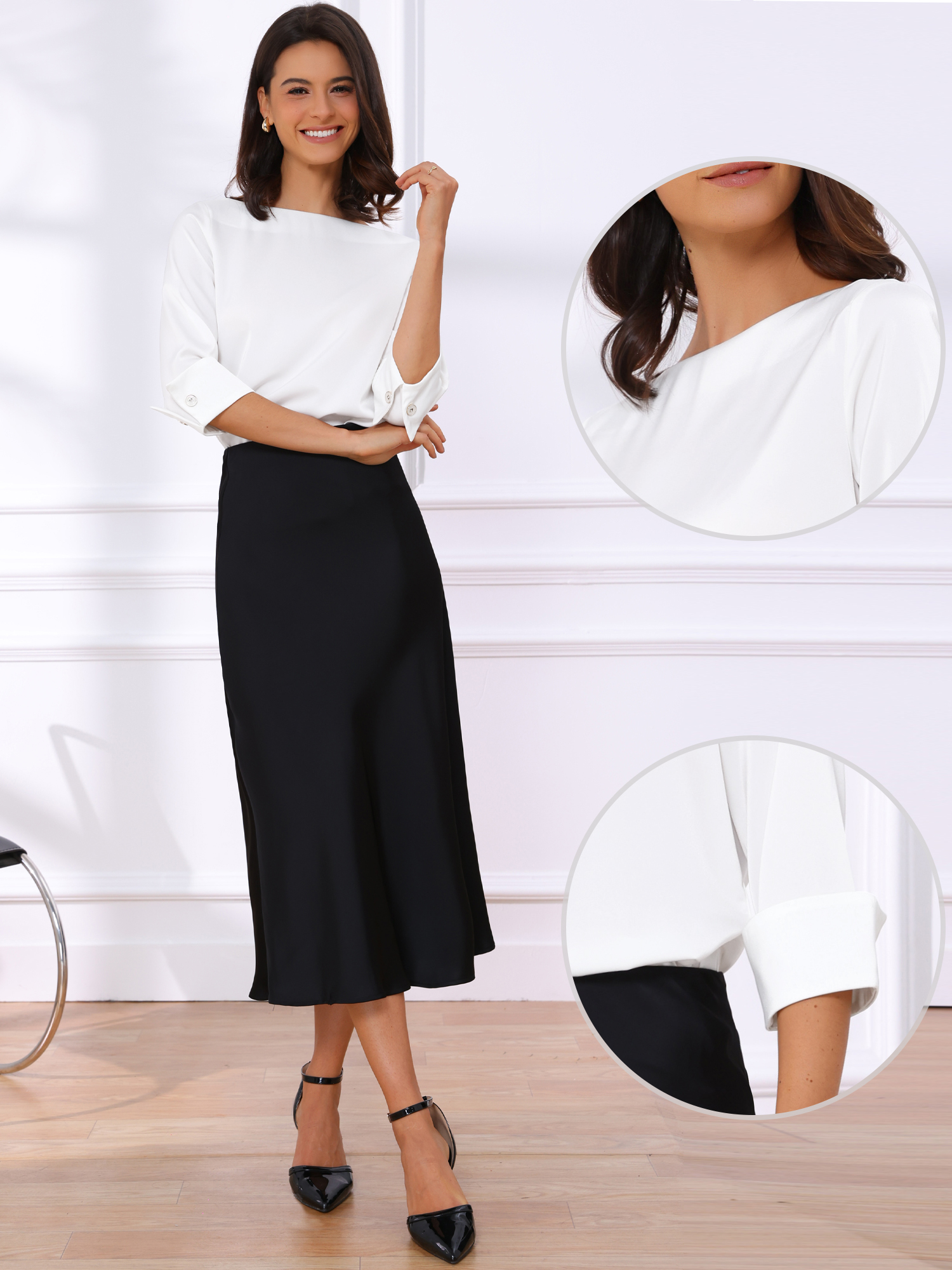 DARING DIVA Women's Satin Boat Neck 3/4 Sleeve Business Shirt S White